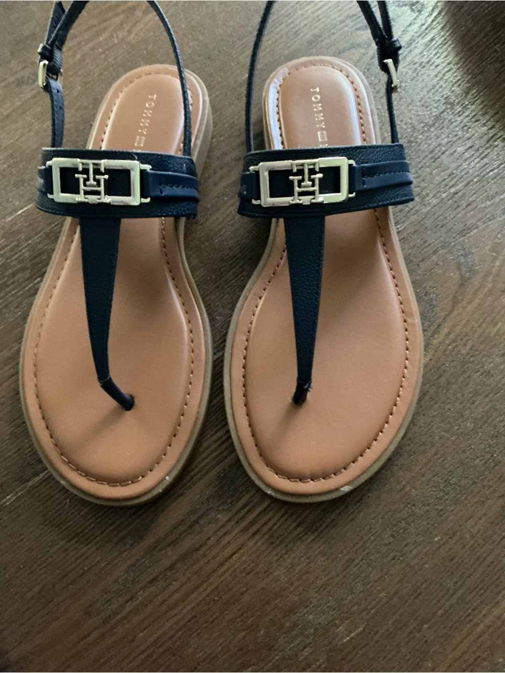 Tommy Hilfiger Dark Blue & Tan Logo T-Strap Sandals